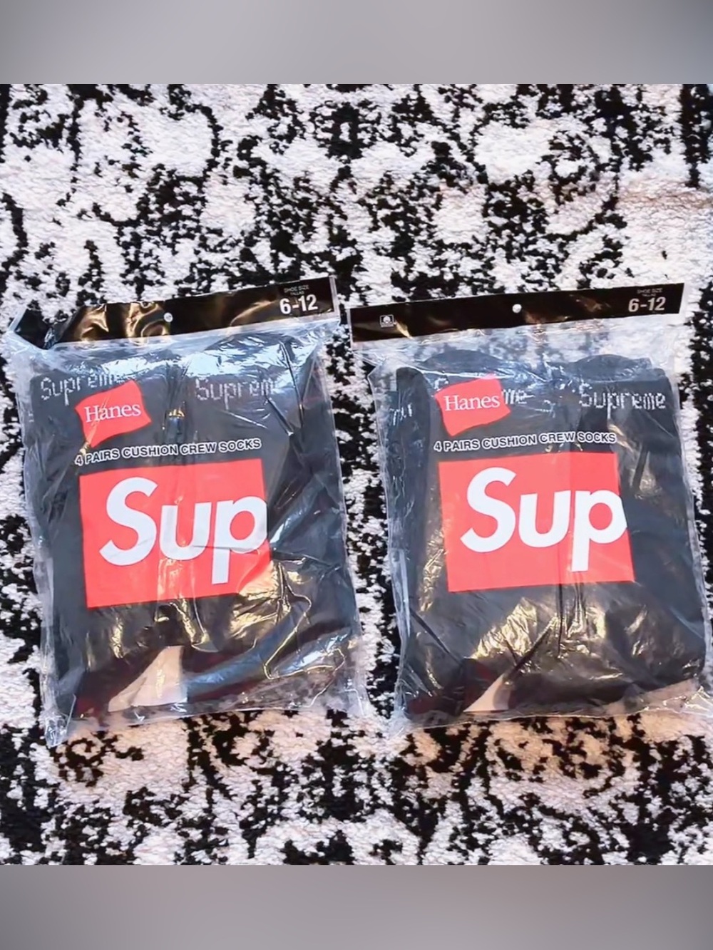 Supreme Hanes Black Crew Socks with Red Logo - 4 Pack